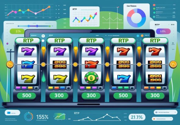여러 슬롯 머신과 그래프가 함께 있는 슬롯 게임 RTP 비교 분석 장면