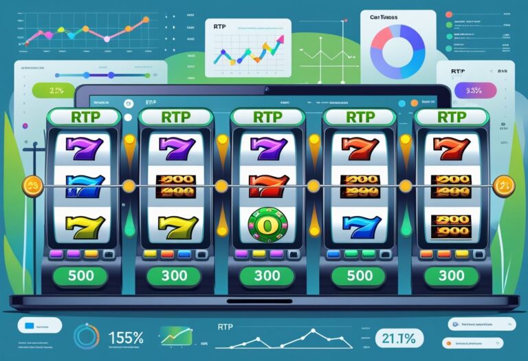 여러 슬롯 머신과 그래프가 함께 있는 슬롯 게임 RTP 비교 분석 장면